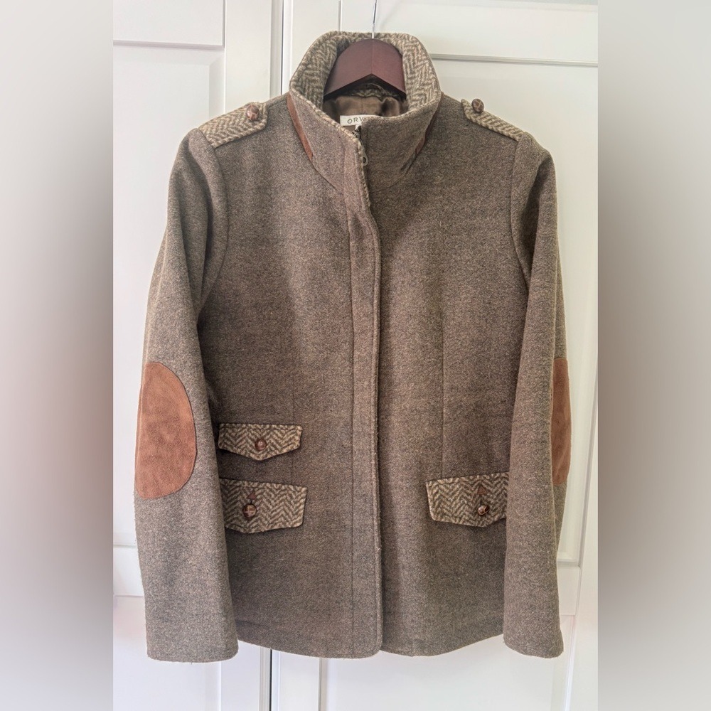 Orvis Wool Blend Women's W Suede Elbow Patches Herringbone Tweed Trim Jacket Sm.